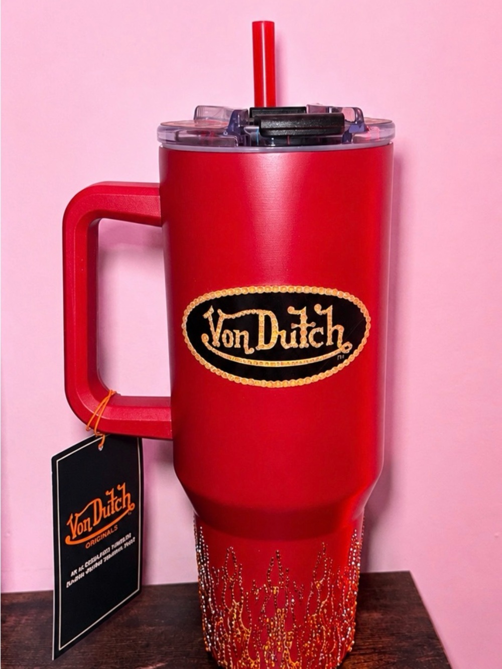 Hand Blinged Von Dutch Travel Tumbler with Flame Accent